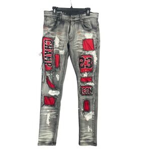 Copper Rivet Slim Fit Men Jeans 32/30 Red Black Gray Patch Distressed Denim